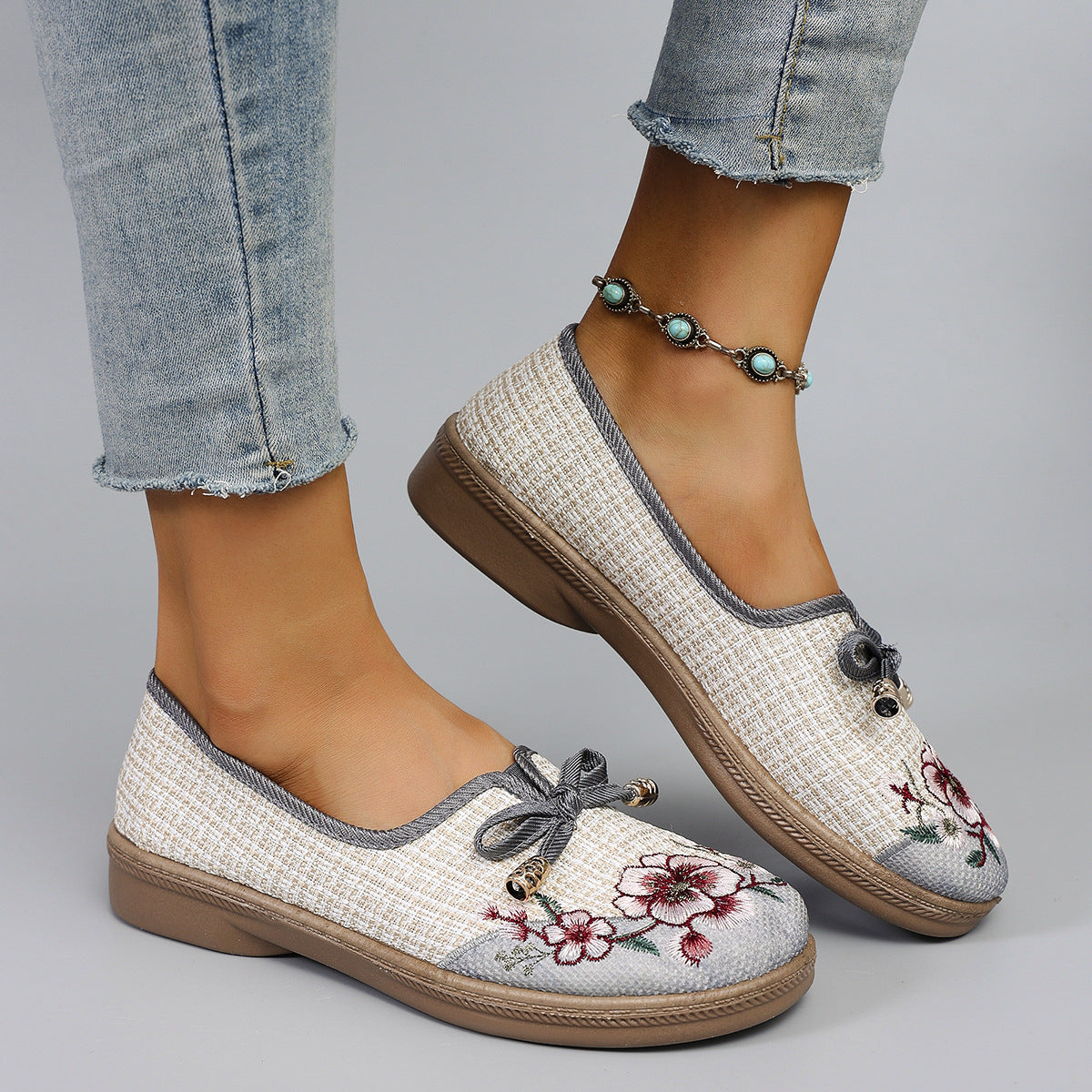 Damen Leinen Flats Ethno Style | Bequeme Sommer Freizeitschuhe