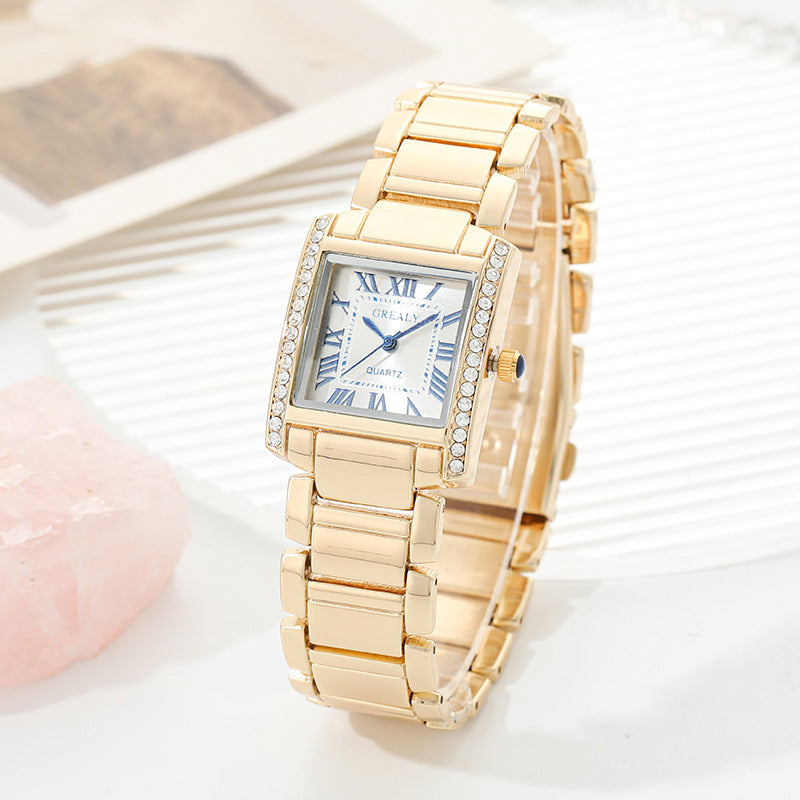 Women's Rectangular Luxury Watch – Roman Numerals & Rhinestones