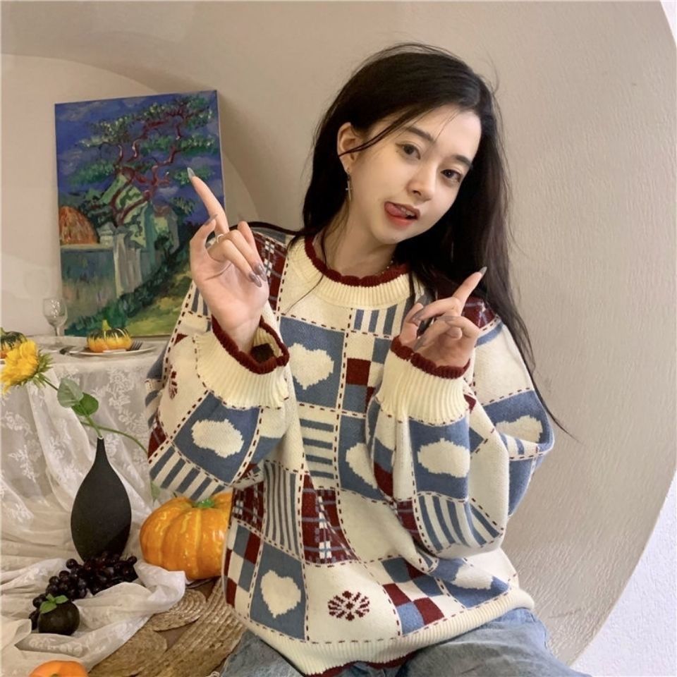 Women's Knitted Jumper Heart Pattern – Japanese Retro Color Block Look