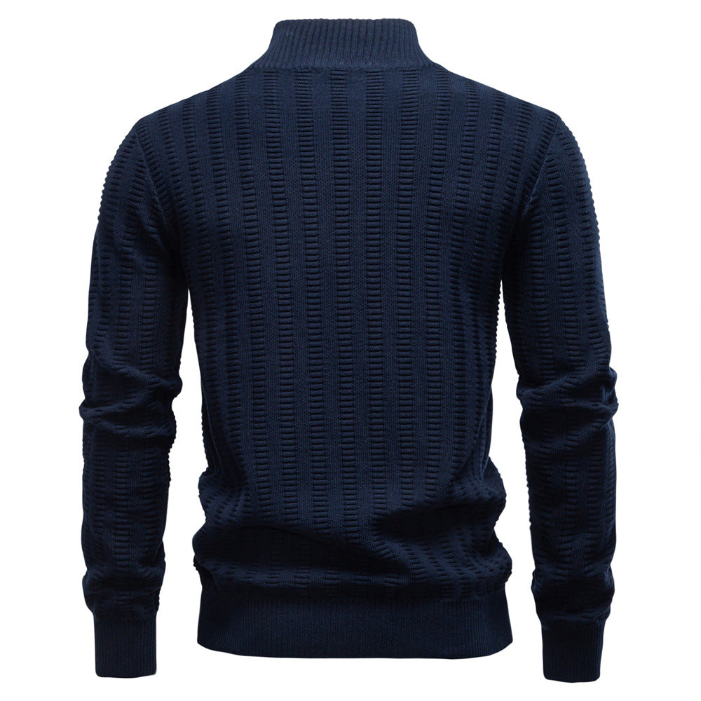 Men's Jacquard Half-Zip Pullover – Stand-Up Collar Stripe Sweater