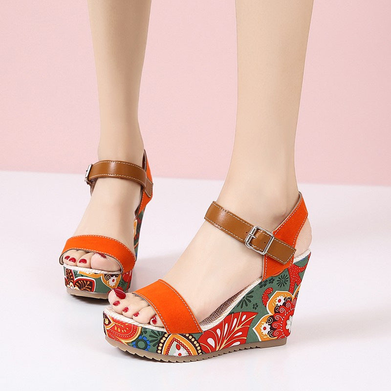 Damen Keilsandalen Blumen | Plateau Schnalle Sommer Schuhe