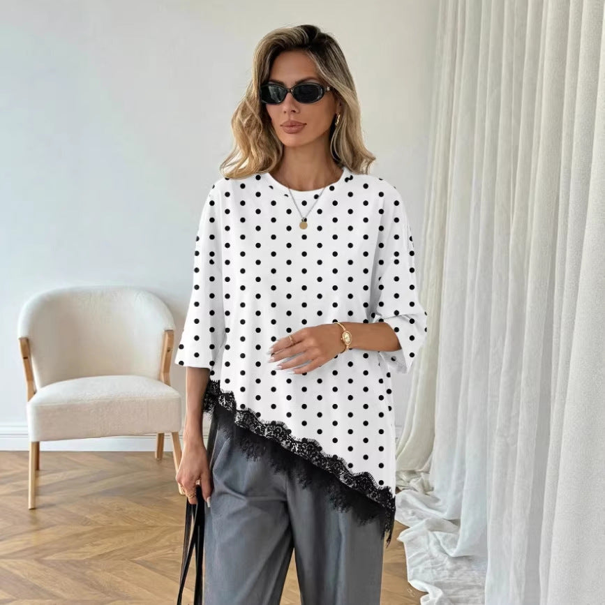 Women's Polka Dot Top with Lace – Asymmetric & Elegantly Modern