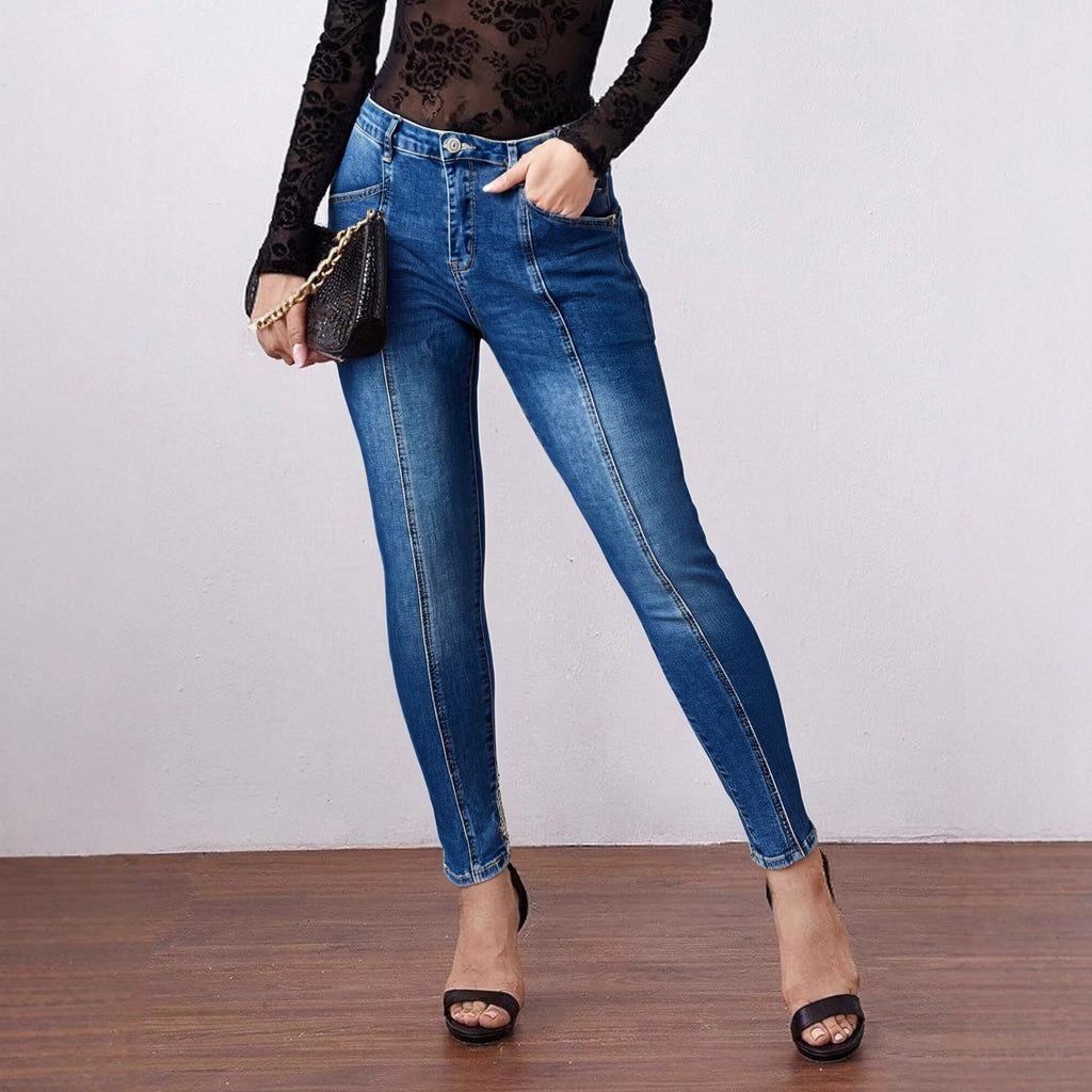 Women's Slim Fit Patchwork Jeans – Designer Denim with Decorative Stitching