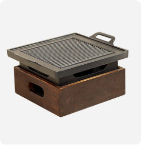 Smokeless Korean BBQ Grill Pan with Wooden Handle & Wooden Seat Design