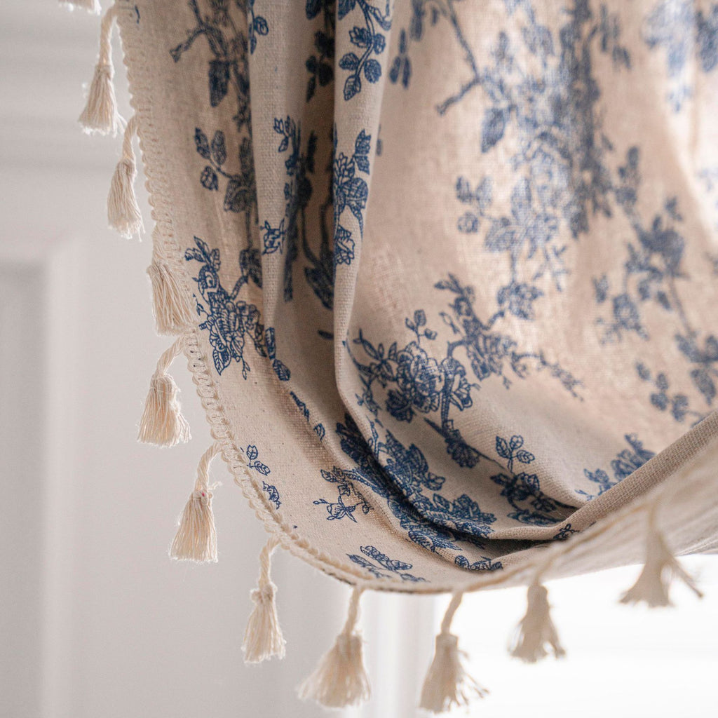 Bistro Gardine Baumwolle Leinen | beige Print Quasten Küche