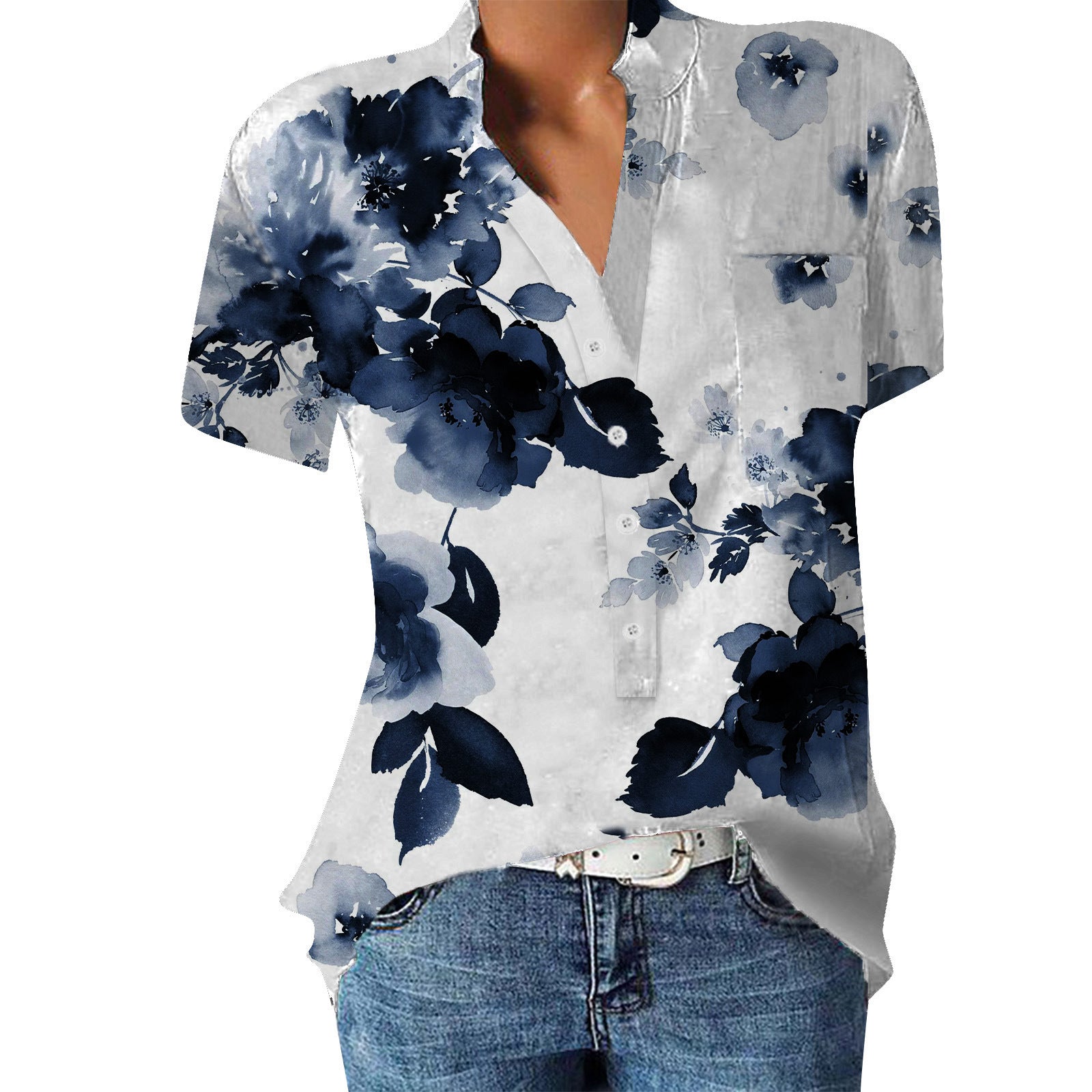 Damen Blumenprint Bluse V-Ausschnitt | Sommer Kurzarm Shirt