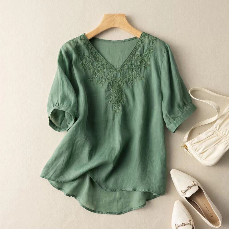 Damen V-Ausschnitt Bluse | Elegante Stickerei Tunika Slim Fit