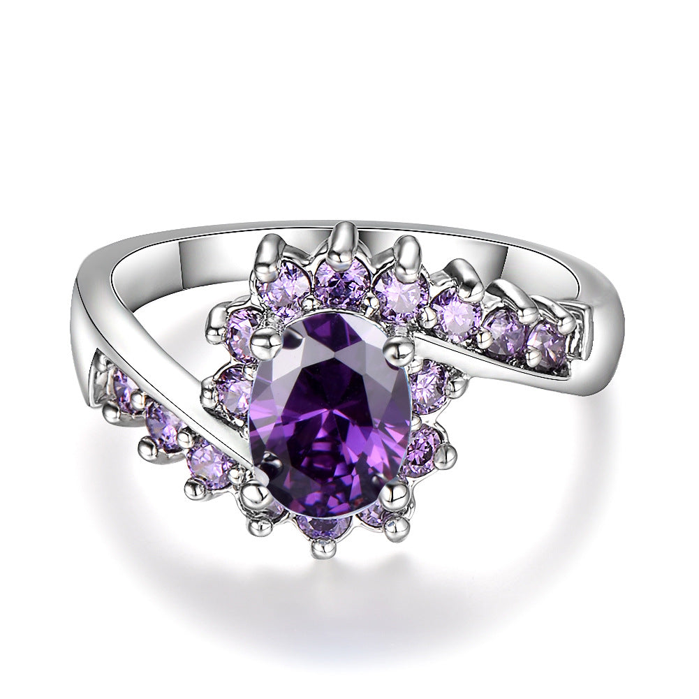 Oval Zirconia Ring Purple Stone | Elegant Women's Ring with Sparkling Stones