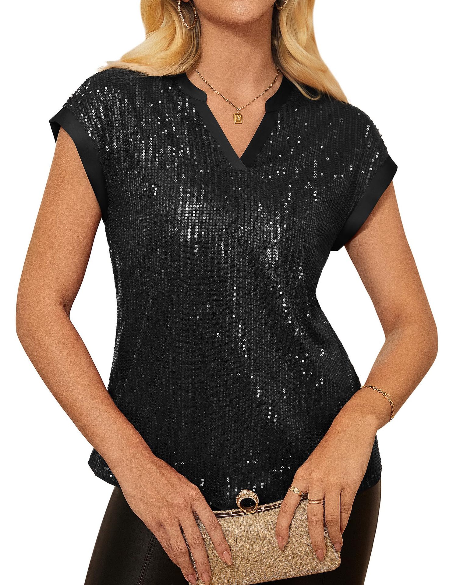 Damen Pailletten Top mit V-Ausschnitt – Kurzarm Party Glamour