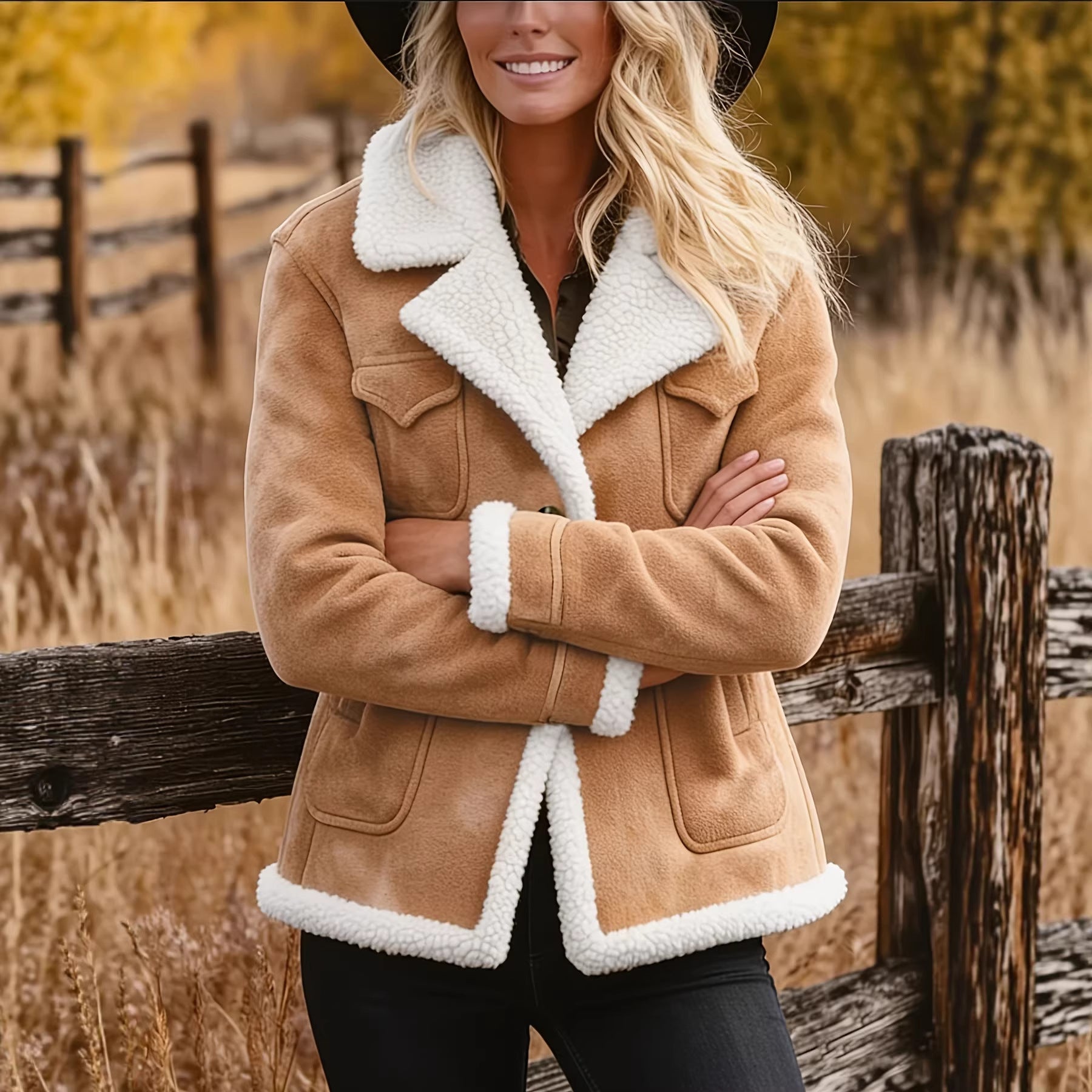 Damen Retro Fellmantel mit Taschen – Herbst & Winter Elegant