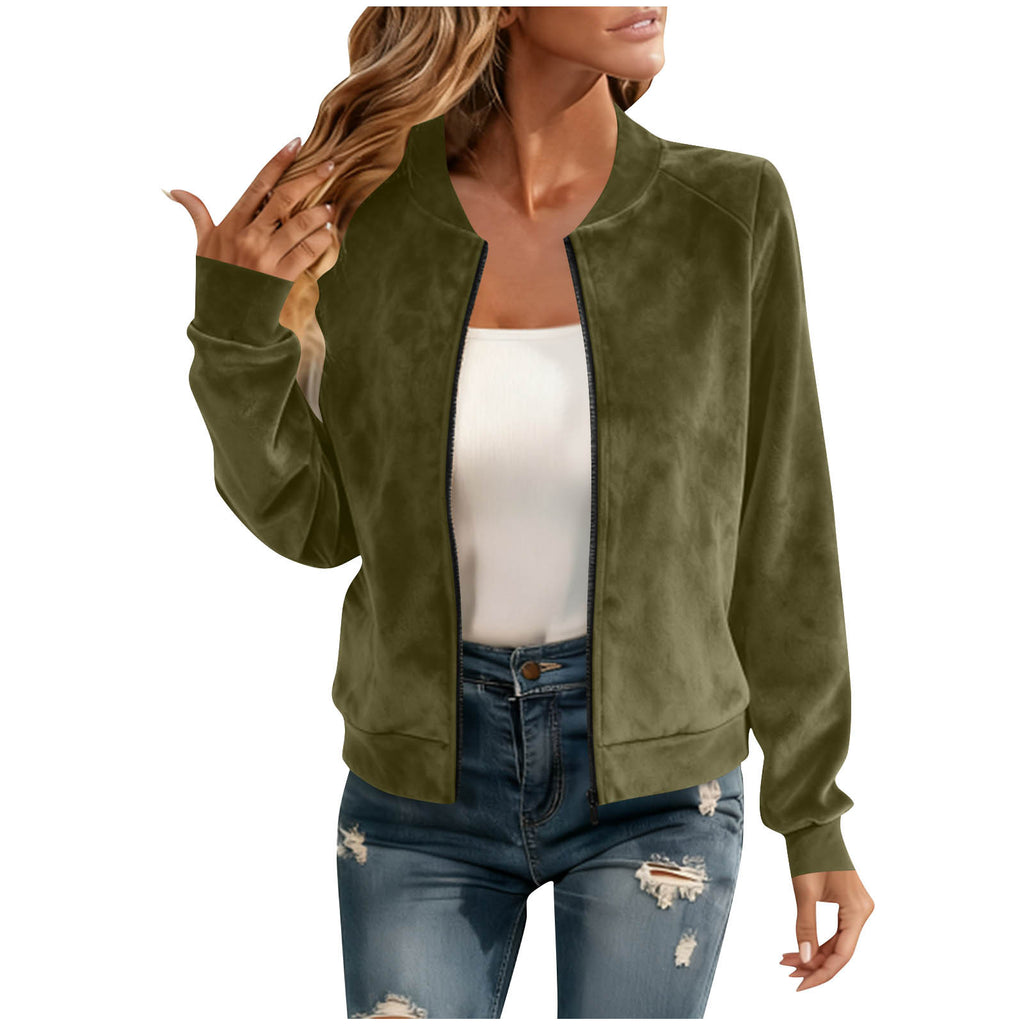 Women's Suede Look Short Jacket - Fleece Lined, Zip & Round Neck