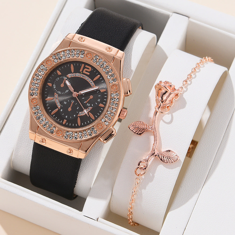 Korean Style Diamond-Embedded Fashion PU Strap Watch