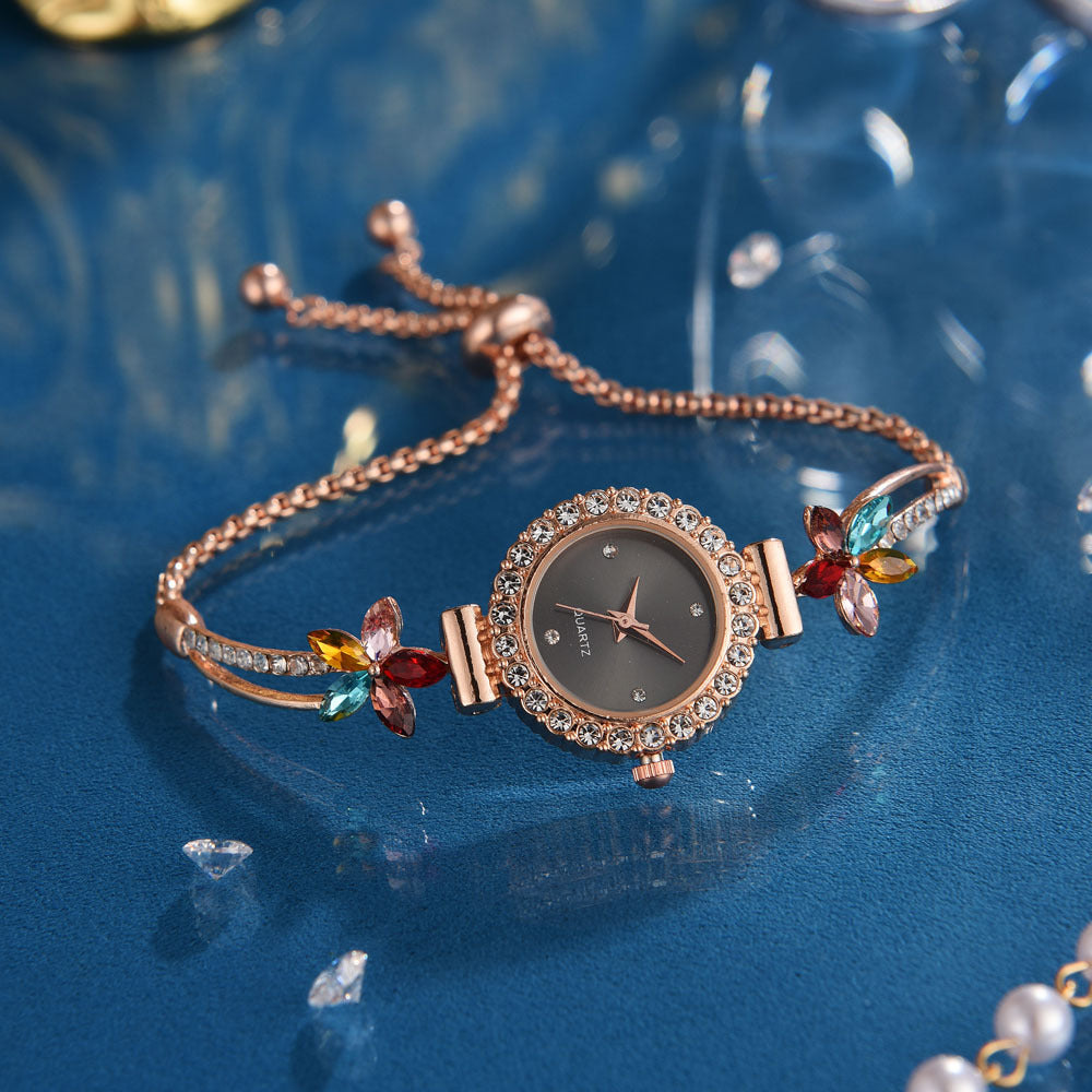 Neue modische runde Damenuhr mit Diamanten, verstellbarem Armband, Quarzuhr für Damen
