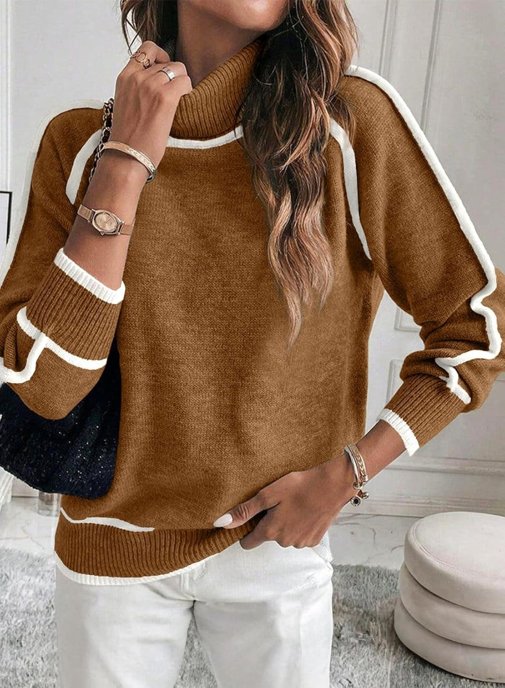 Damen Rollkragenpullover | Eleganter Colorblock Stricklook