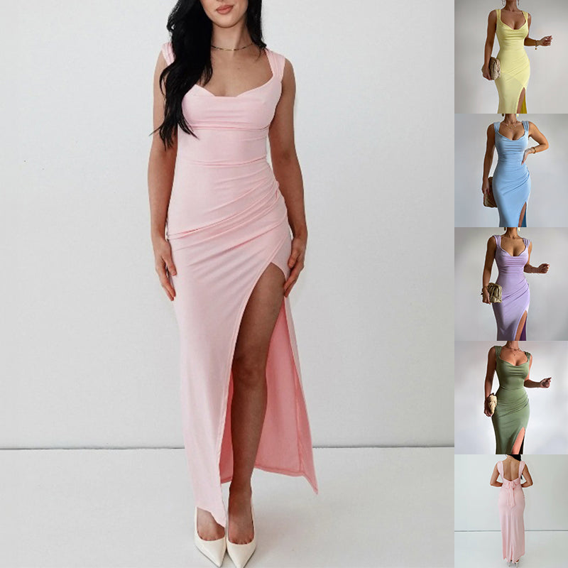 Elegant Slim Fit Dress with Slit – Sleeveless Dress with Back Tie