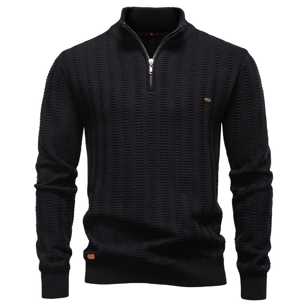 Men's Jacquard Half-Zip Pullover – Stand-Up Collar Stripe Sweater