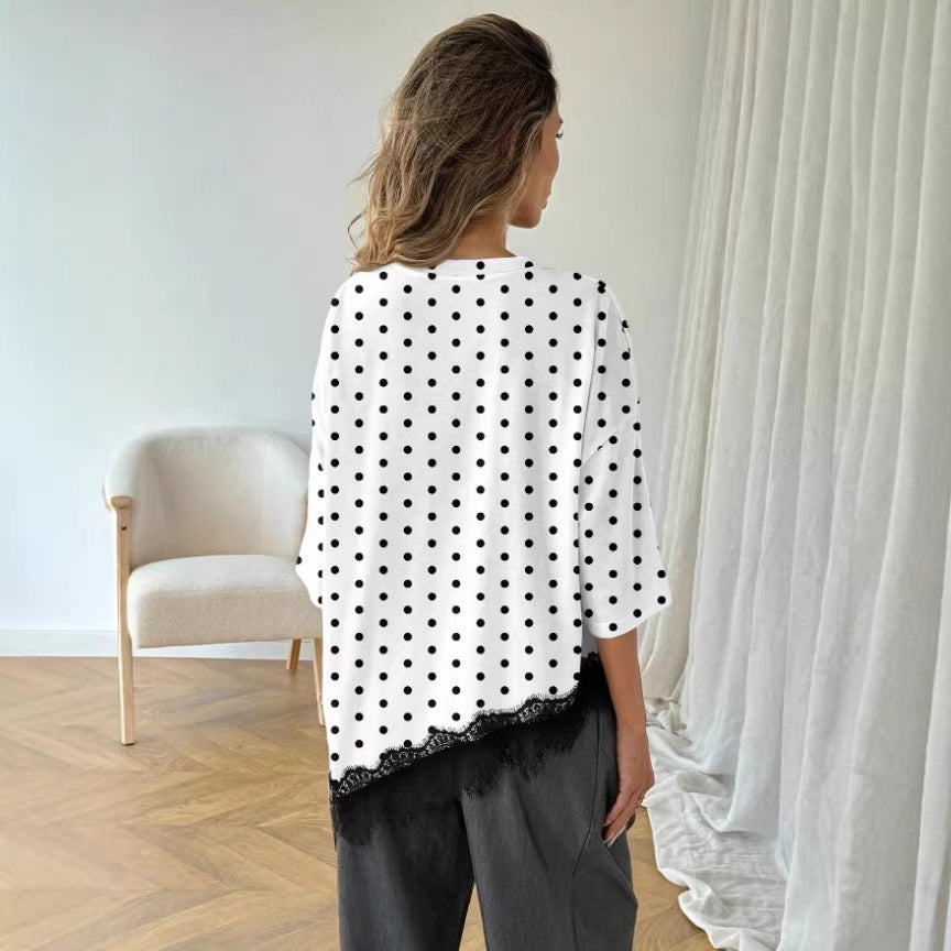 Women's Polka Dot Top with Lace – Asymmetric & Elegantly Modern