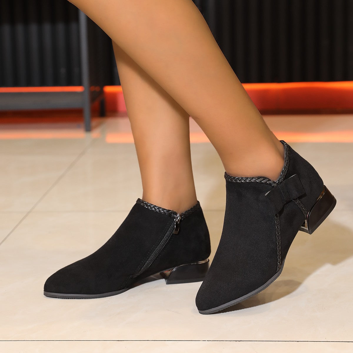 Women's Ankle Boots Pointed Toe with Bow – Elegant Side Zip Boots