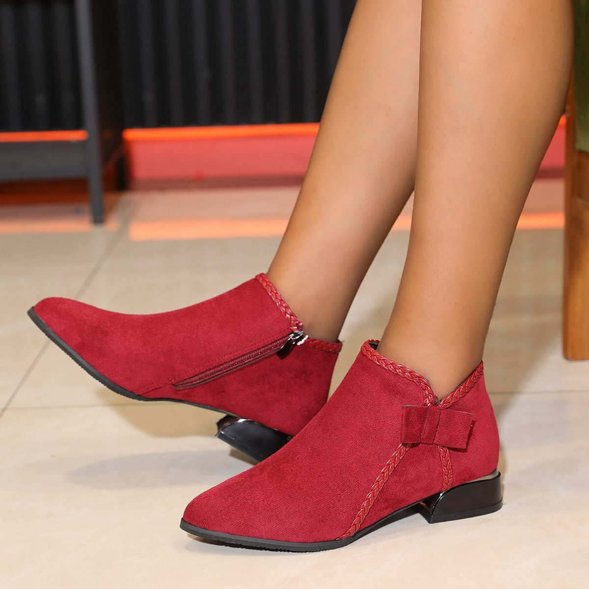Women's Ankle Boots Pointed Toe with Bow – Elegant Side Zip Boots