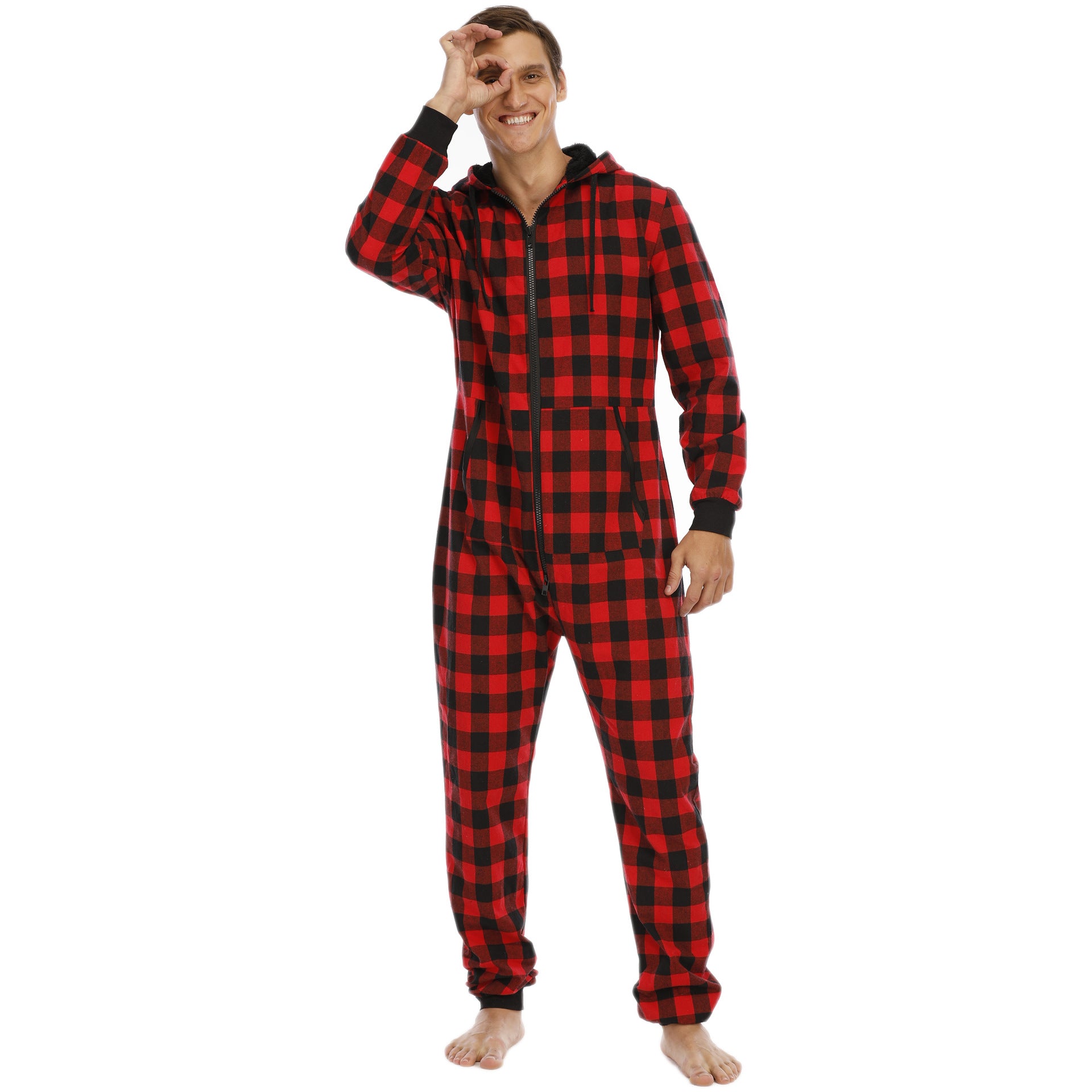 Herren Flanell Overall Pyjama | Kariert Kapuze Warm
