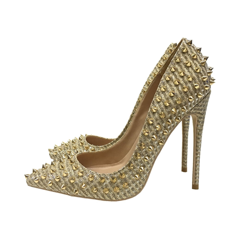 Women's Gold High Heels 12cm | Studded Mesh Design Party Shoes
