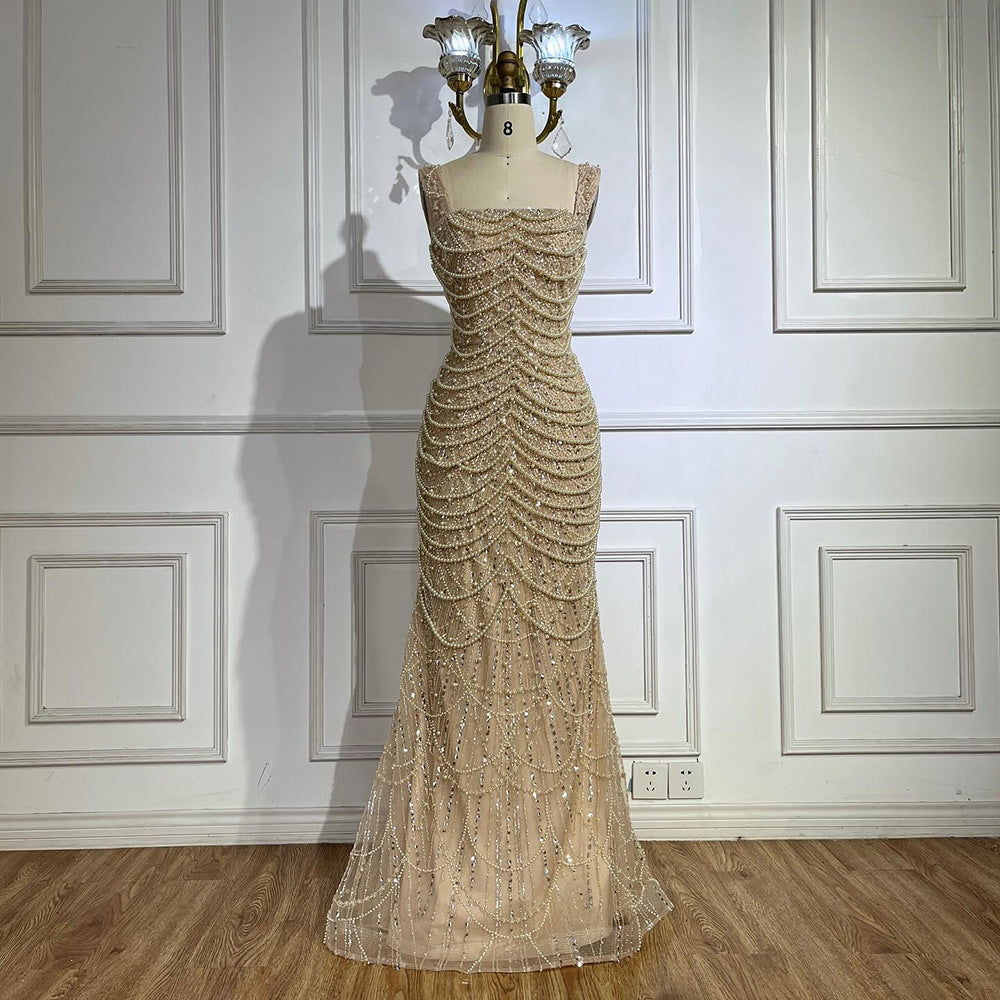 Beaded Evening Dress for Women Elegant | Nude Luxury Glamour Dress