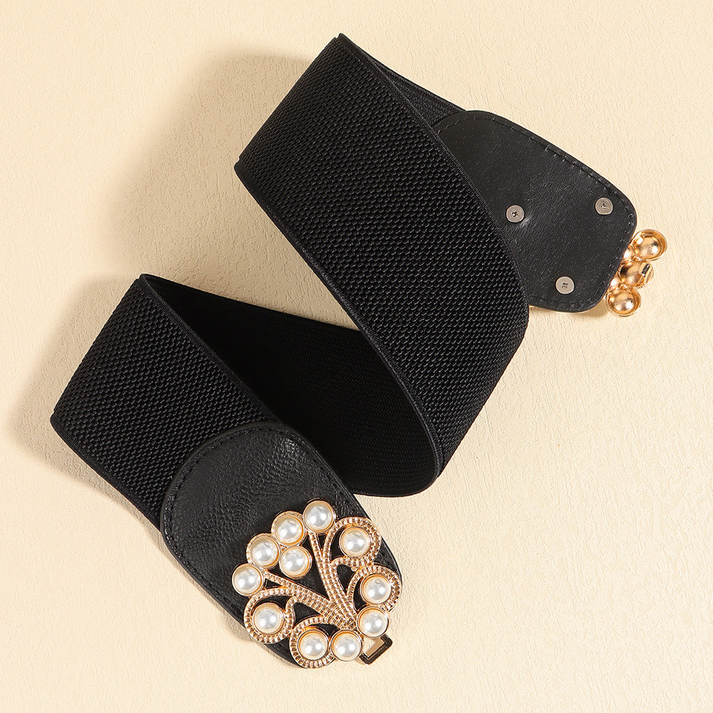 Women's Stretch Belt Wide | Elastic Pearl Buckle Elegant