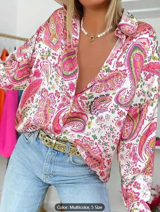 Damen Retro Print Bluse | Casual Langarmshirt Frühling