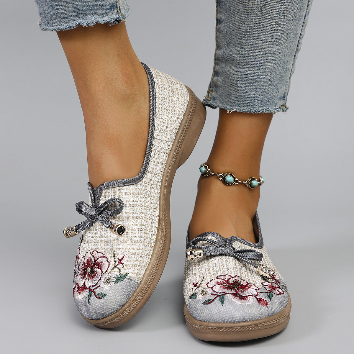 Damen Leinen Flats Ethno Style | Bequeme Sommer Freizeitschuhe