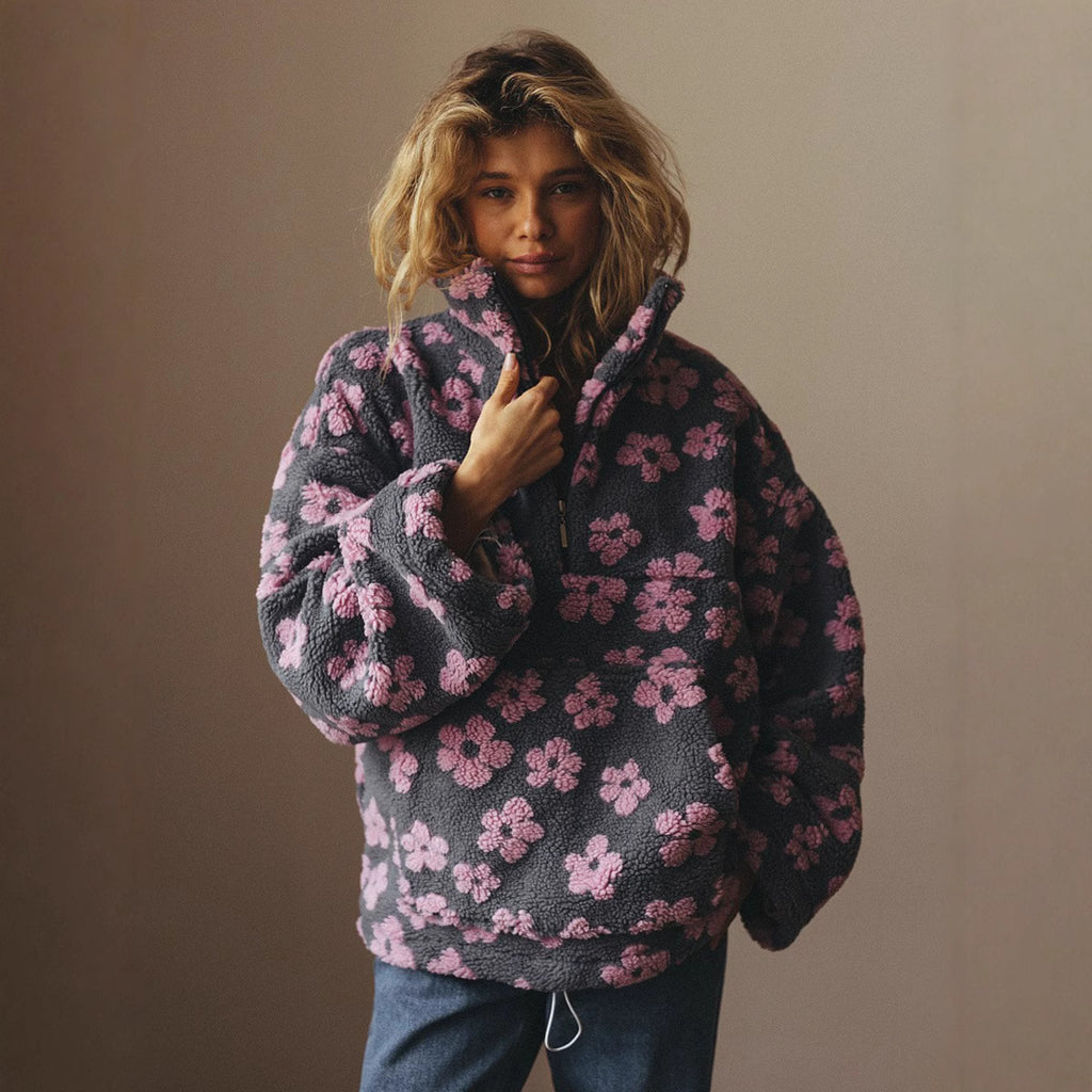 Women's Floral Fleece Pullover | Warm Oversized Look
