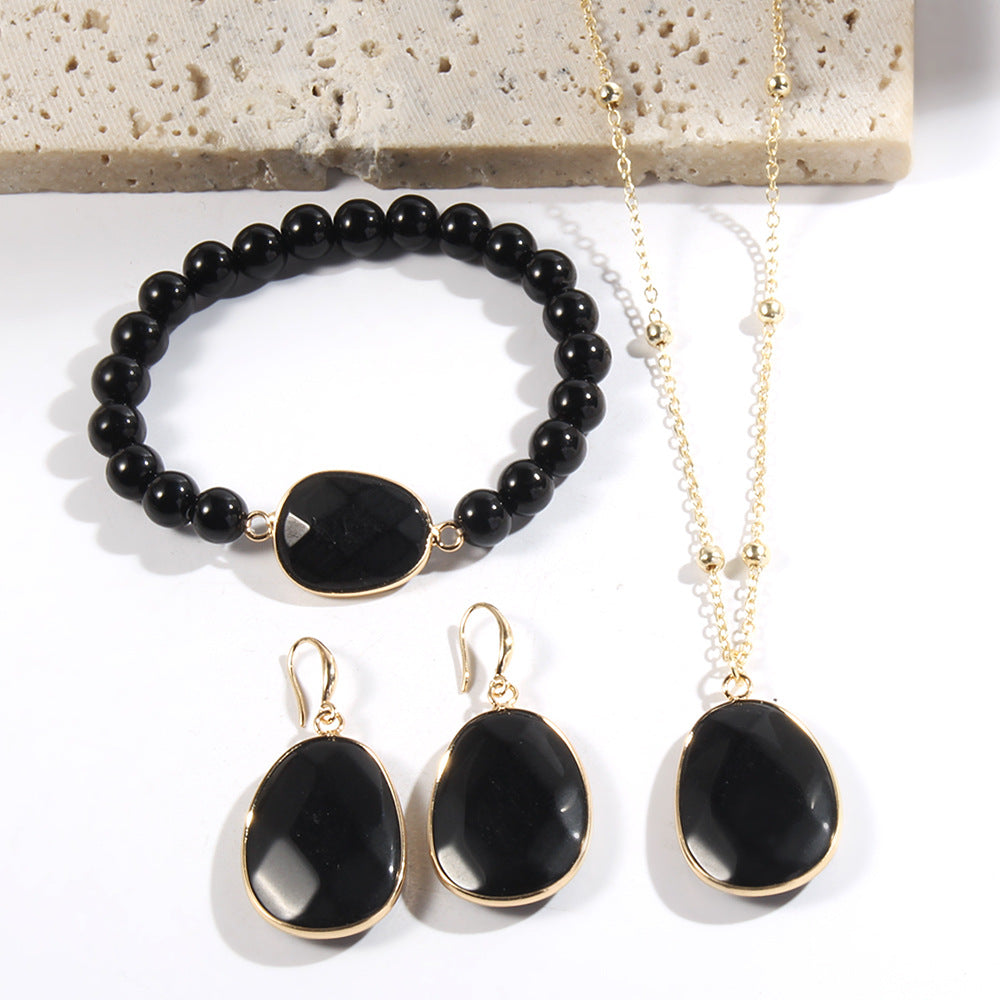 Golden Jewelry Set with Natural Stone – Necklace, Bracelet & Earrings for Women