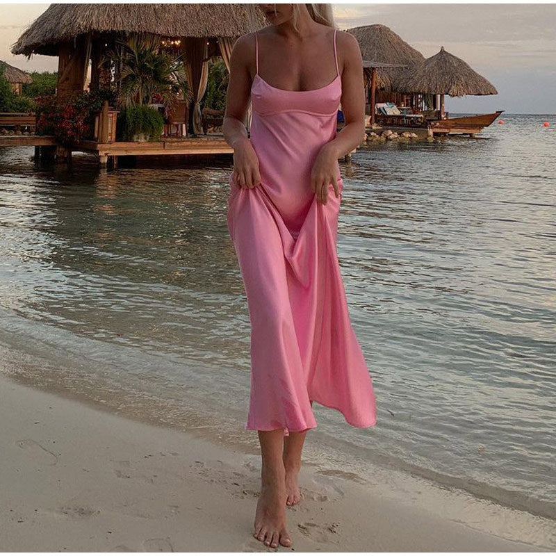 Elegant Satin Spaghetti Strap Maxi Dress – Backless Summer & Party Dress