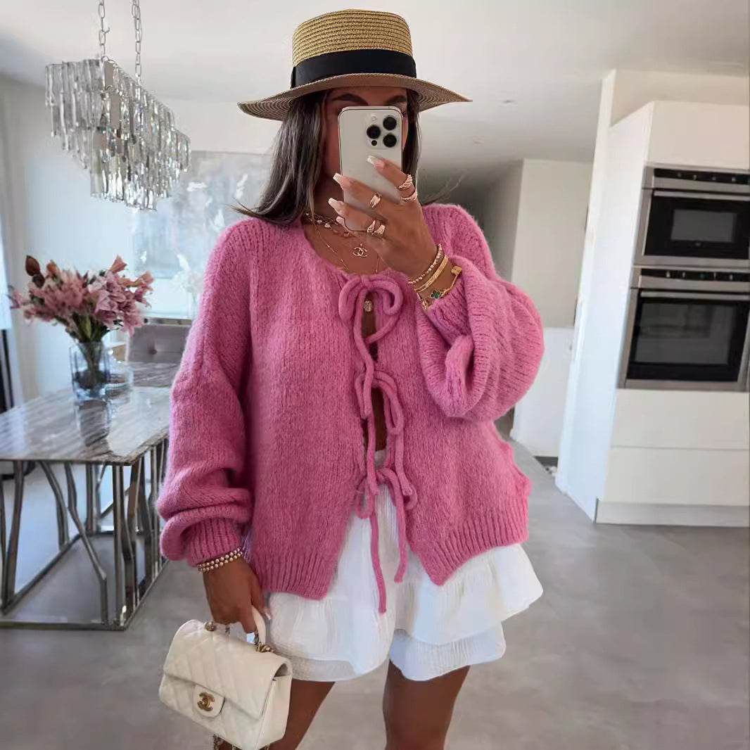 Damen Strickcardigan mit Schleife | Eleganter Hollow-Out Look