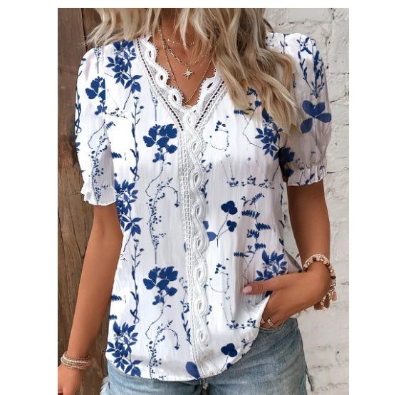 Damen Sommerbluse Spitze V-Ausschnitt | Eleganter Print Look