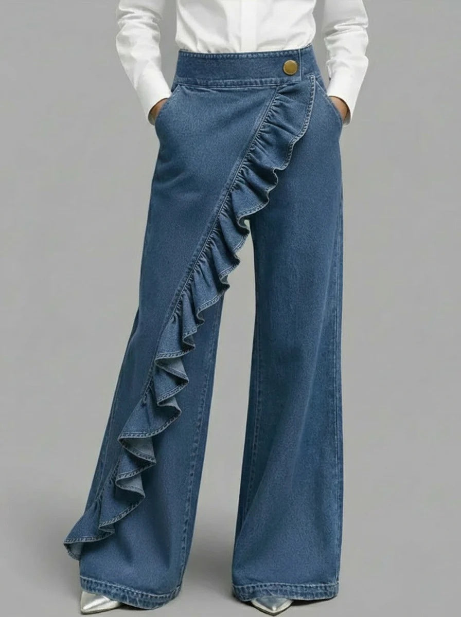 Women's Retro High Waist A-Line Jeans – Irregular Denim Trousers