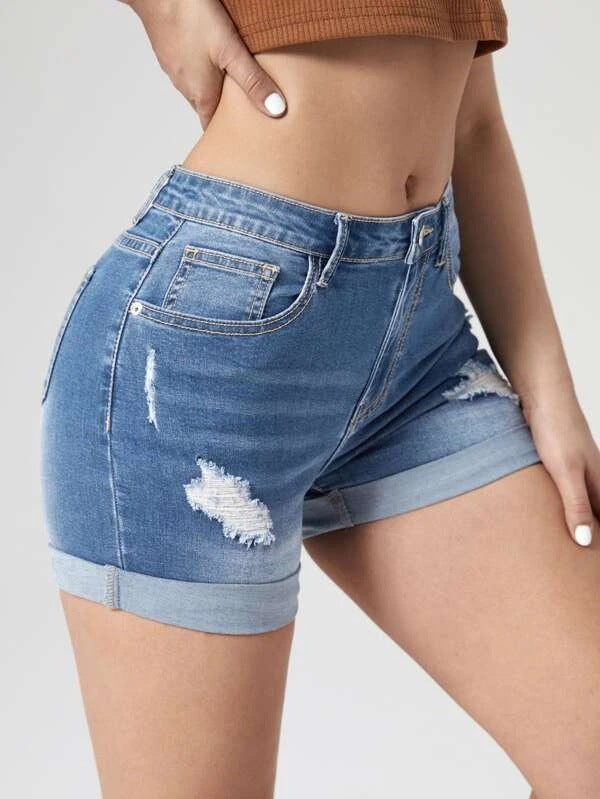 Damen High Waist Denim Shorts Stretch ripped Sommer trendig