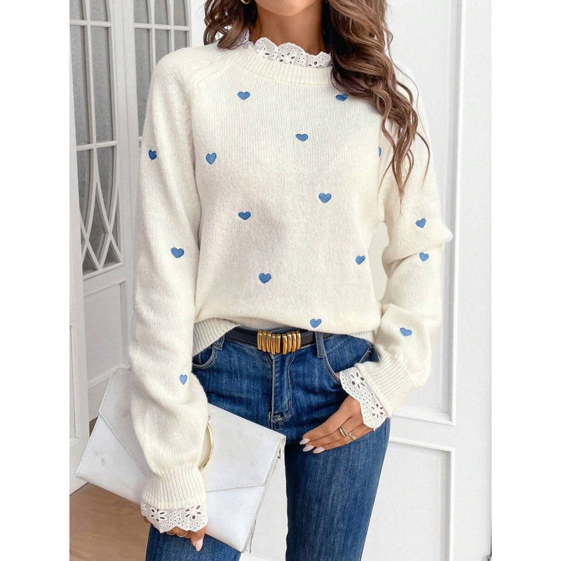 Strickpullover mit Herzstickerei – Damen Patchwork Basic Pullover