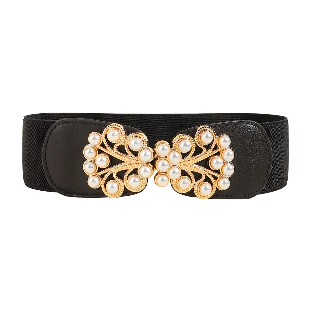 Women's Stretch Belt Wide | Elastic Pearl Buckle Elegant