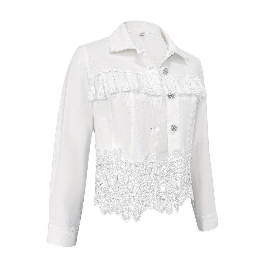 Women's Coat with Fringe & Cut-Outs – Elegant Patchwork Designer Look