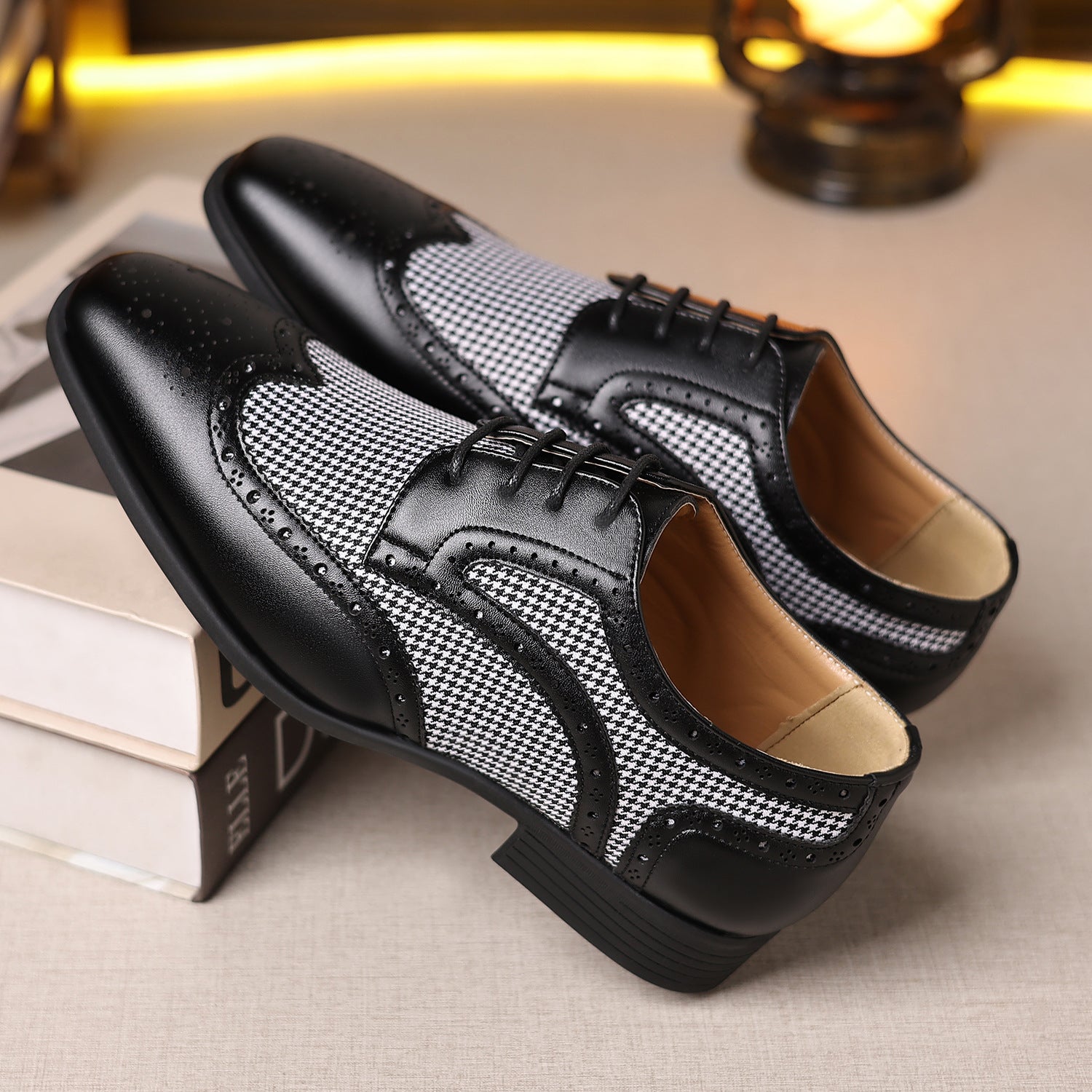 Men's Leather Houndstooth Loafers | Elegant Slip-On Shoes
