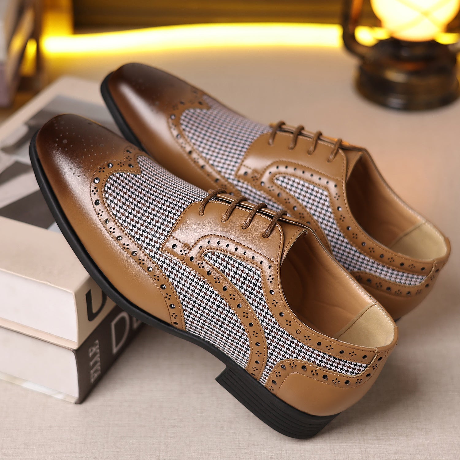 Men's Leather Houndstooth Loafers | Elegant Slip-On Shoes