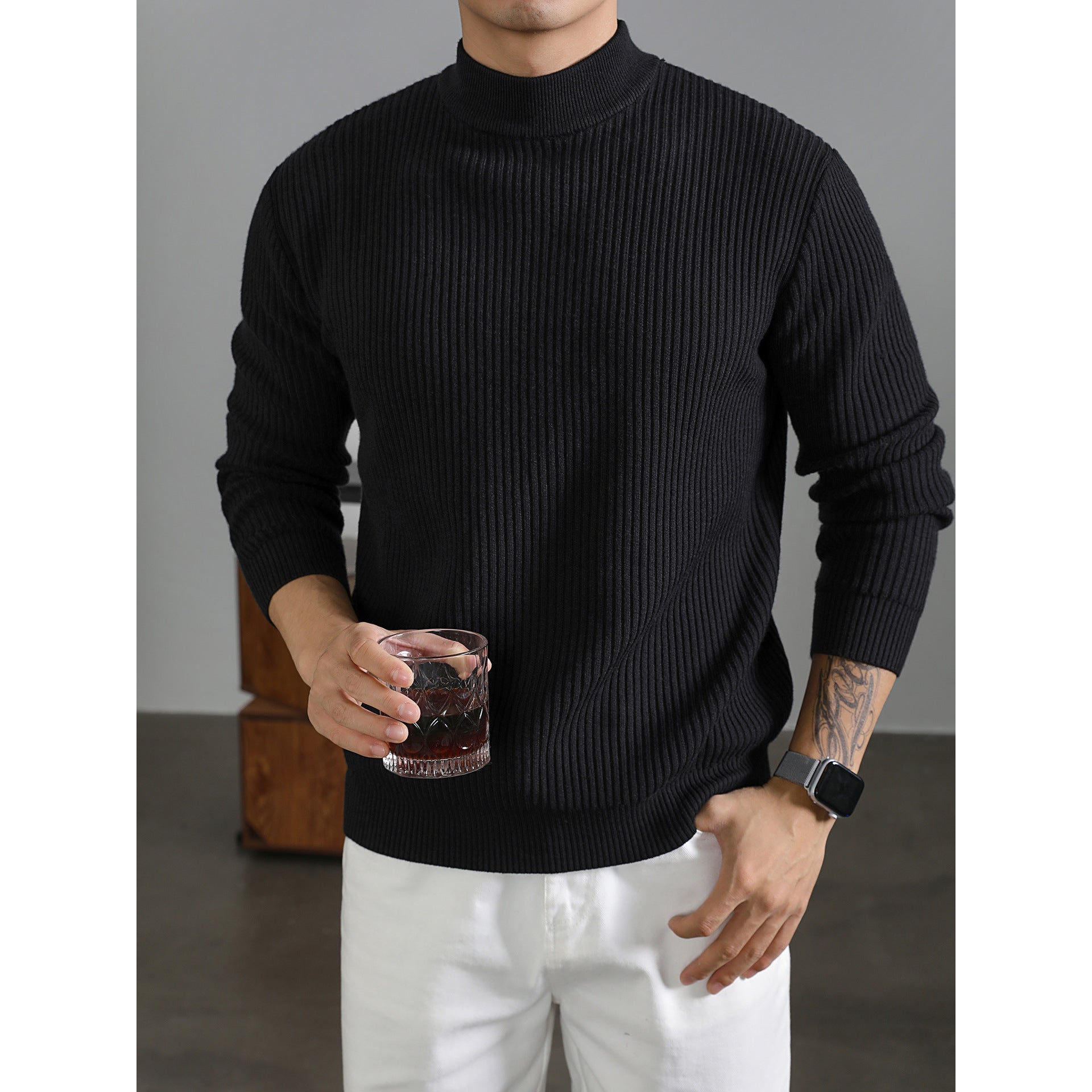Men's Korean Style Pullover – Mock Neck Rib Knit