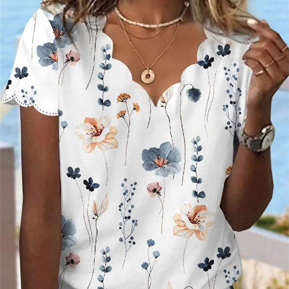 Damen Blumenprint T-Shirt Sommer | Eleganter Muschelkragen