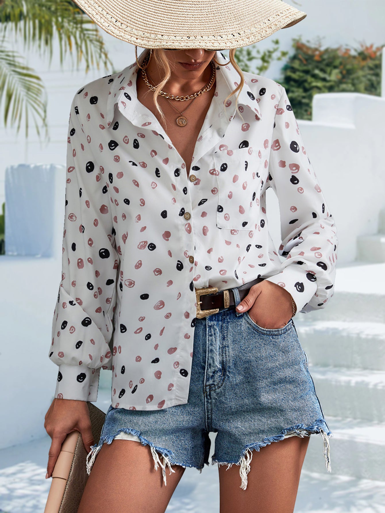 Retro Damenbluse Langarm | Elegante Bluse mit Print