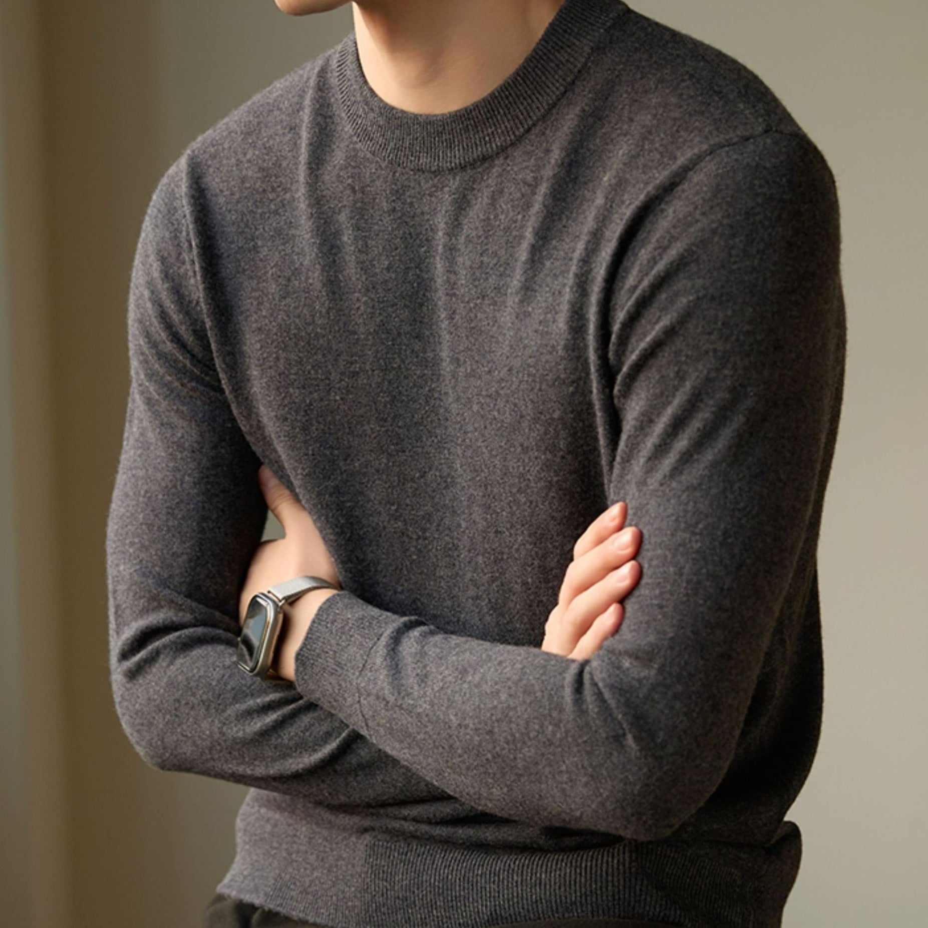 Men's Knitted Crew Neck T-Shirt Plain – Casual Long-Sleeve Basic Pullover