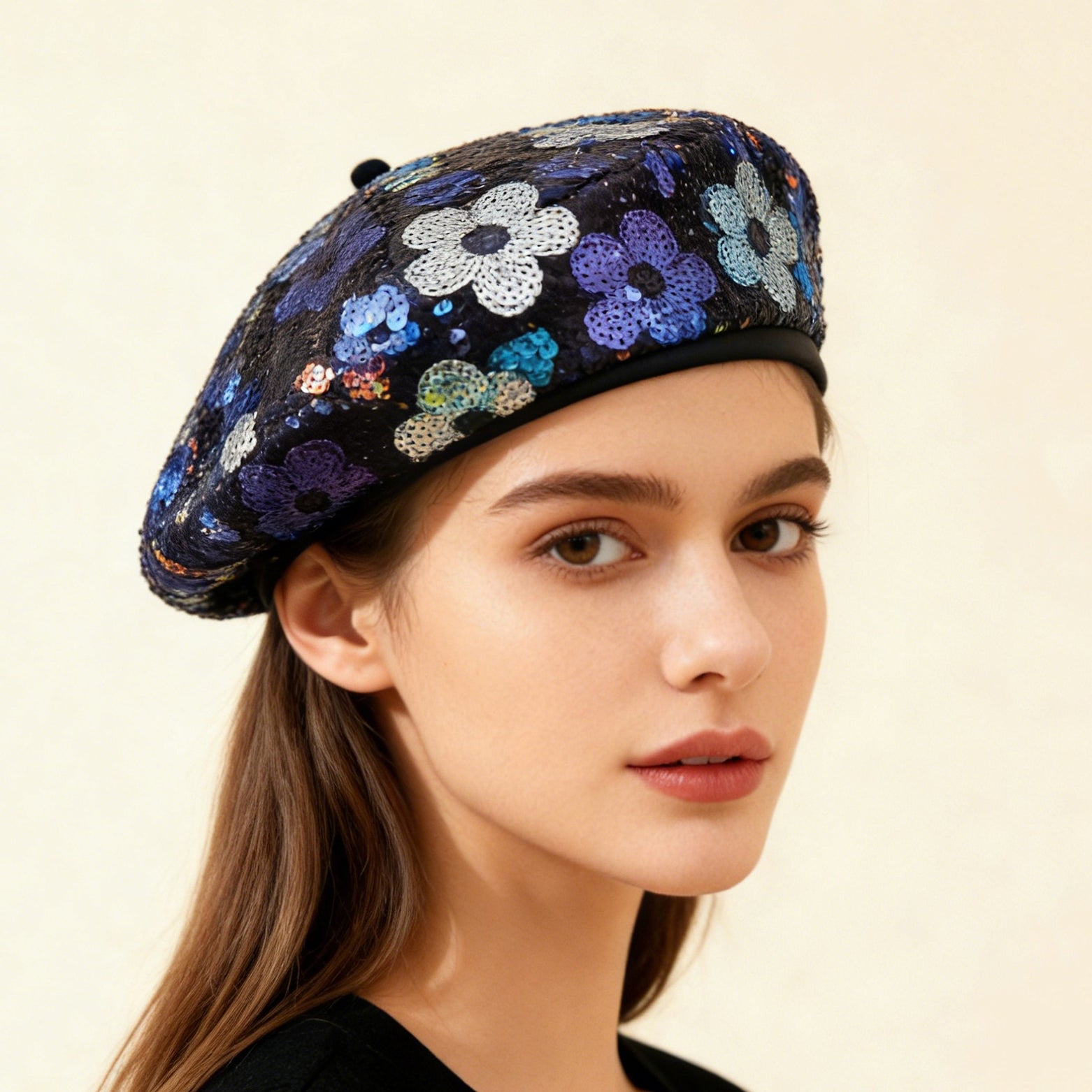 Elegantes Damen Barett mit Paillettenblume – Trendige Baskenmütze