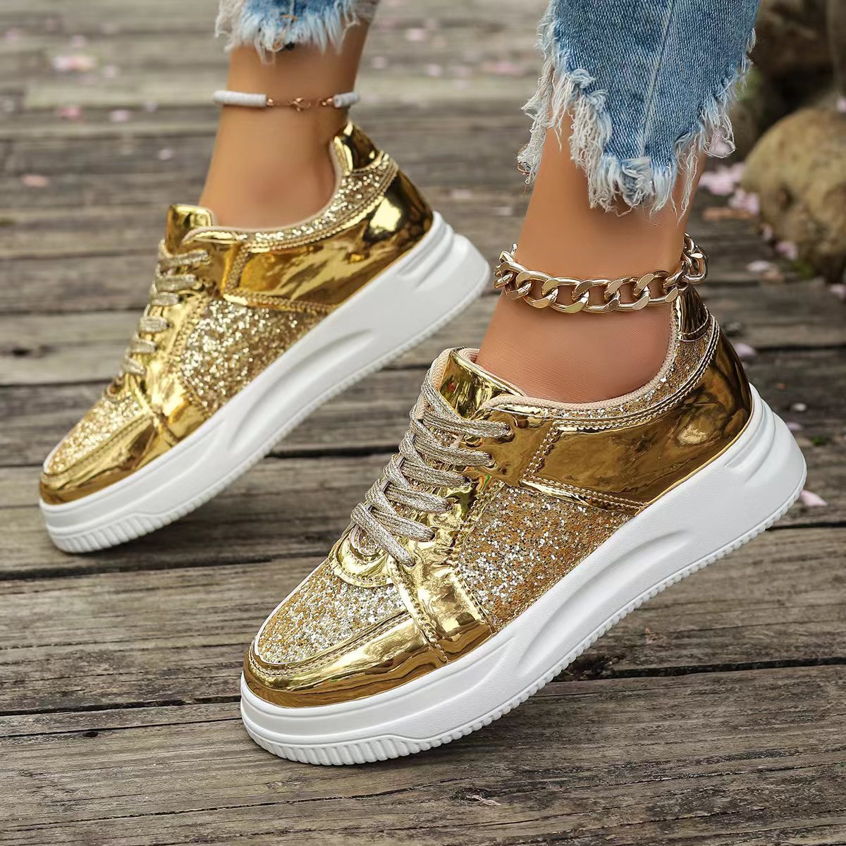 Damen Plateau Sneaker mit Pailletten – Rutschfeste Fashion Schuhe