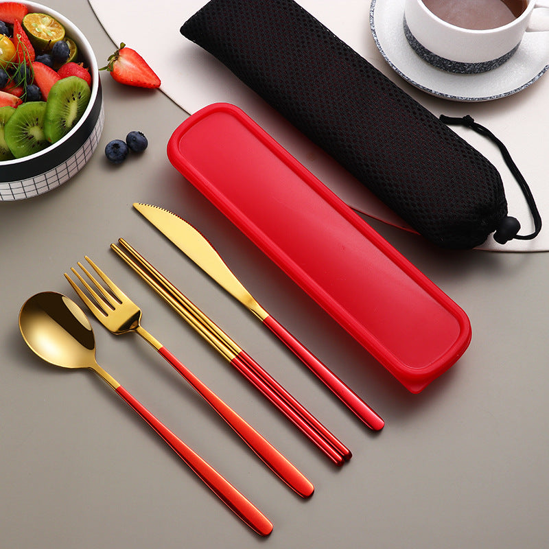 Edelstahl Besteckset Gold | Reise Camping Besteck mit Etui