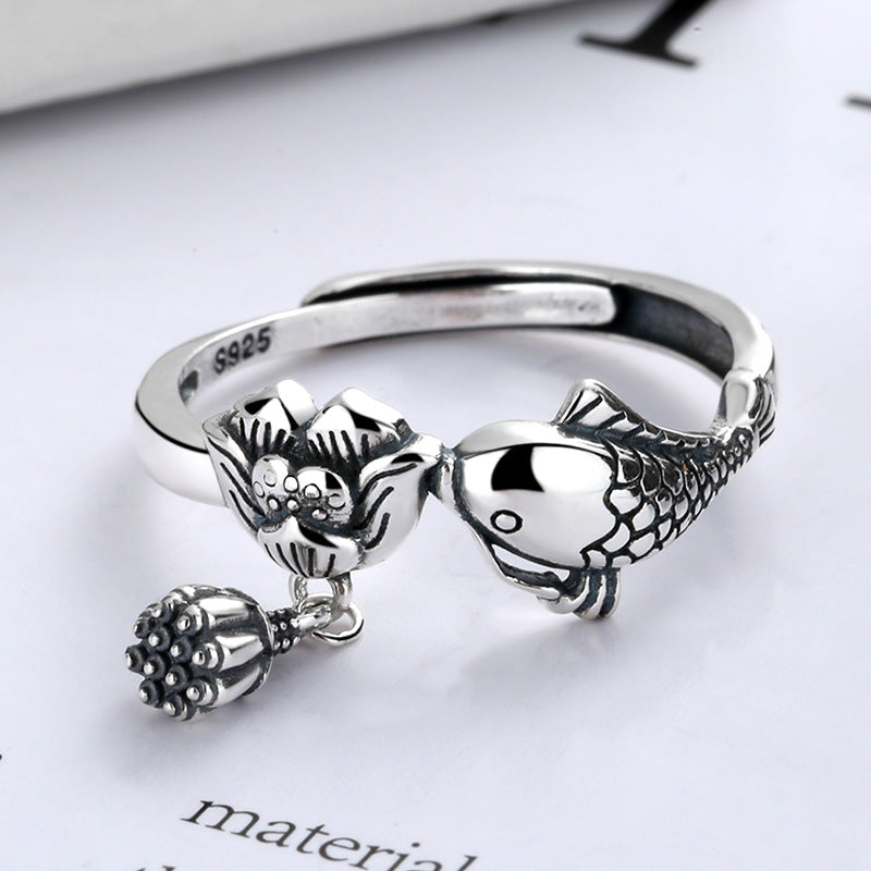 Fashionable Sterling Silver Carp Lotus Tassel Ring
