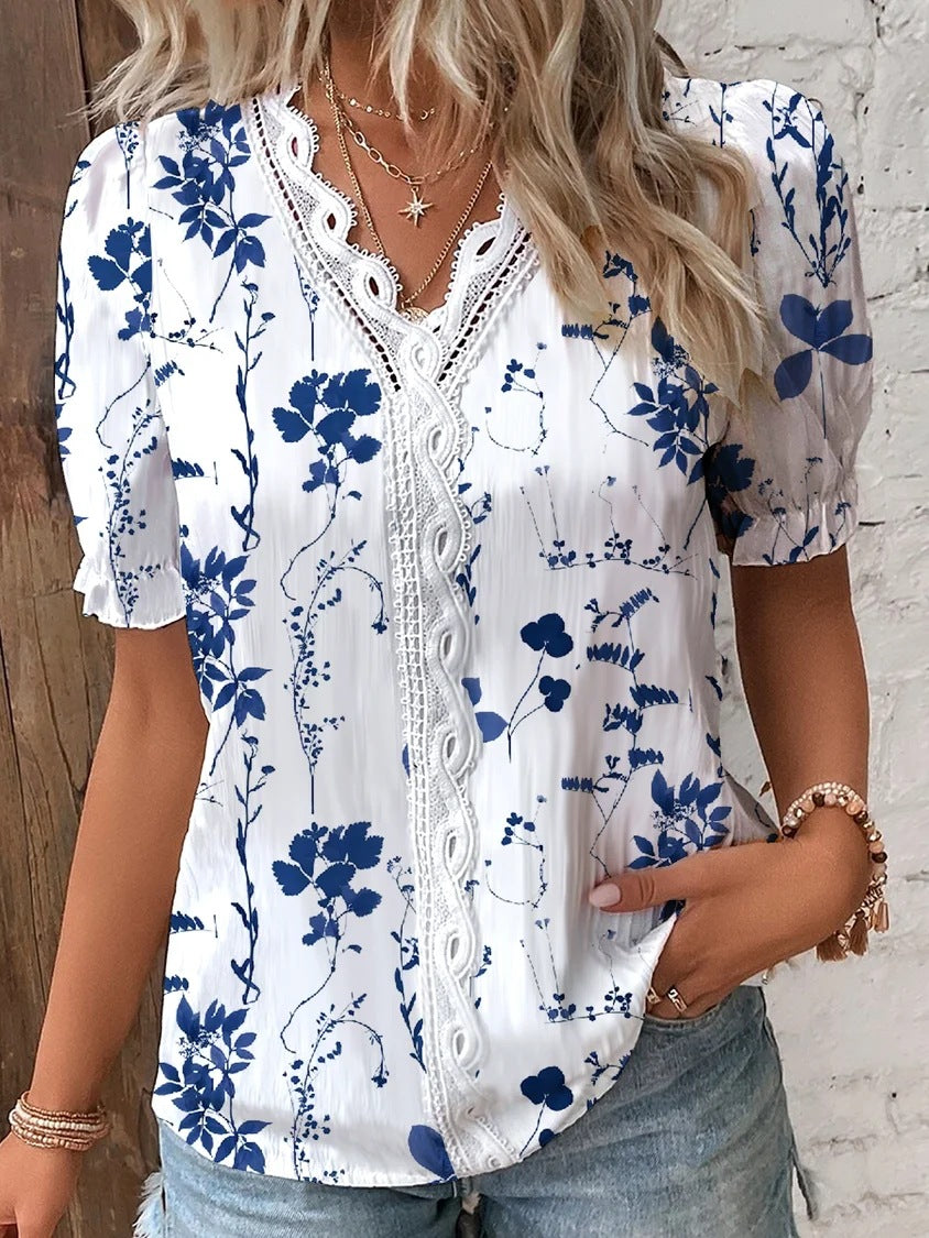 Damen Sommerbluse Spitze V-Ausschnitt | Eleganter Print Look